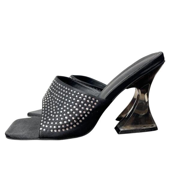 other Shoes - Y2K Rhinestone Heels 10 Black Square Toe Mules Clear Flare Heel Club Kid Disco
